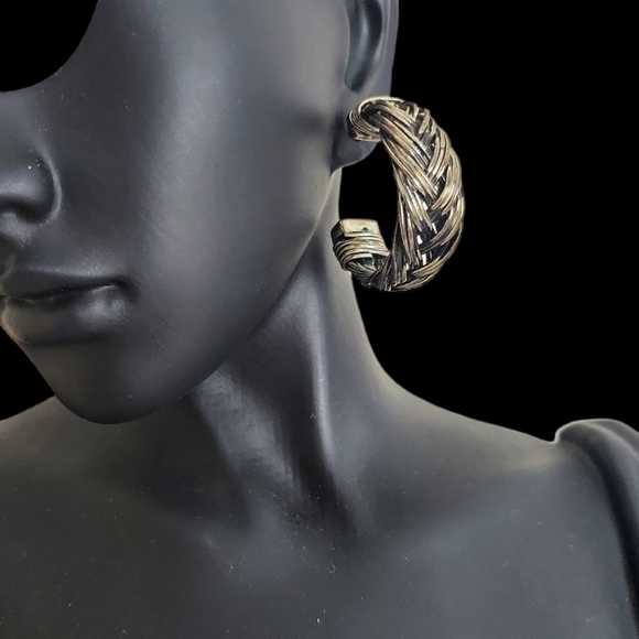 Vintage 80s Chunky Braided Silvertone Open Hoop Earrings - Picture 1 of 6